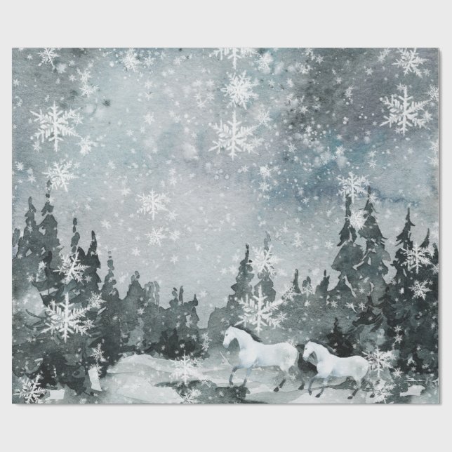 Snowy White Horses In A Winter Forest Night Sky  Wrapping Paper (Flat)