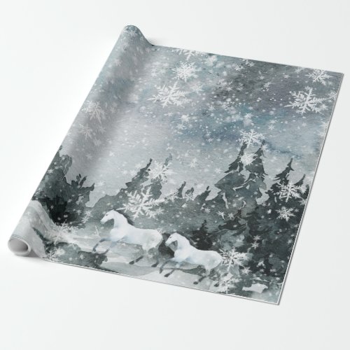 Snowy White Horses In A Winter Forest Night Sky  Wrapping Paper