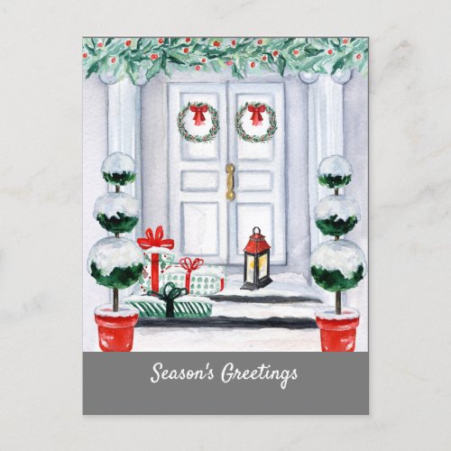 Snowy White House Decorated Door Holiday Postcard