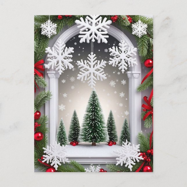 ❄️ Snowy Window Christmas Pine Red Decorations Postcard (Front)