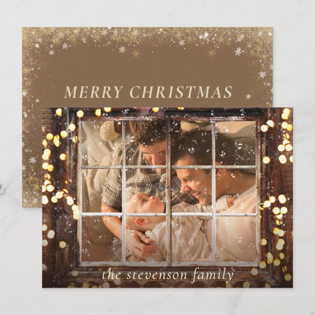 Snowy Window | Gold Bokeh Lights with Wood Photo Holiday Card (Front/Back)