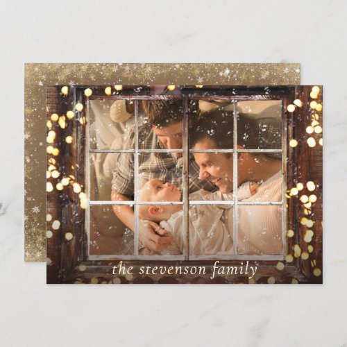 Snowy Window  Gold Bokeh Lights with Wood Photo Holiday Card