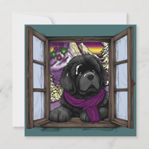 Snowy window puppy dog holiday card