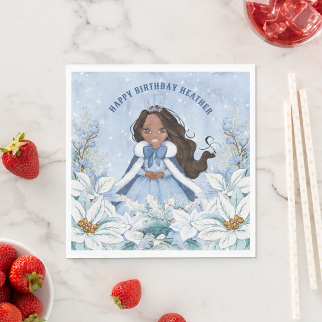 Snowy Winter African American Princess Birthday Napkins (Insitu)