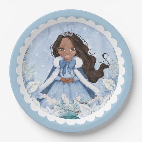 Snowy Winter African American Princess Birthday Paper Plates