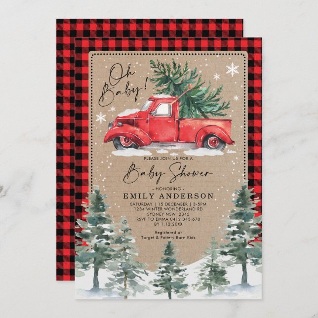 Snowy Winter Baby Shower Red Truck Pine Tree Invitation (Front/Back)