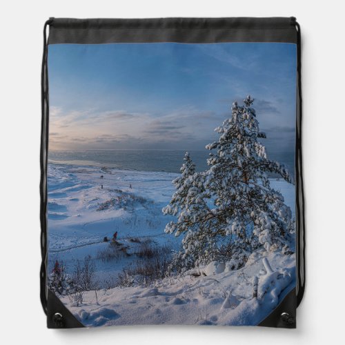 Snowy winter Baltic sea coast Reusable Drawstring Bag