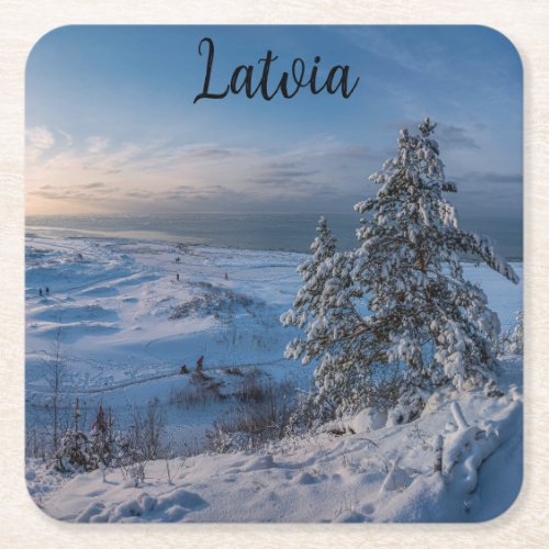 Snowy winter Baltic sea coast Square Paper Coaster