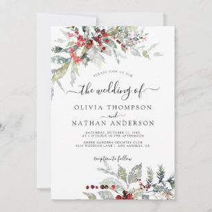 Snowy Winter Berries Botanical Monogram Wedding Invitation