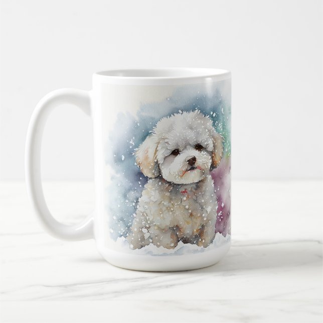 SNOWY WINTER BICHON FRISE DOG FACE COFFEE MUG (Left)
