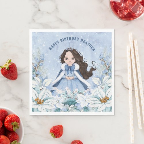 Snowy Winter Black Haired Princess Birthday Napkins