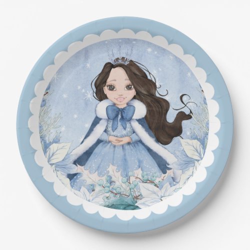 Snowy Winter Black Haired Princess Birthday Paper Plates