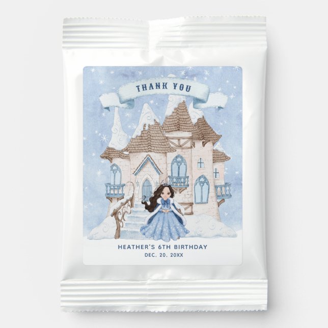 Snowy Winter Black Haired Princess Castle Birthday Hot Chocolate Drink Mix (Front)