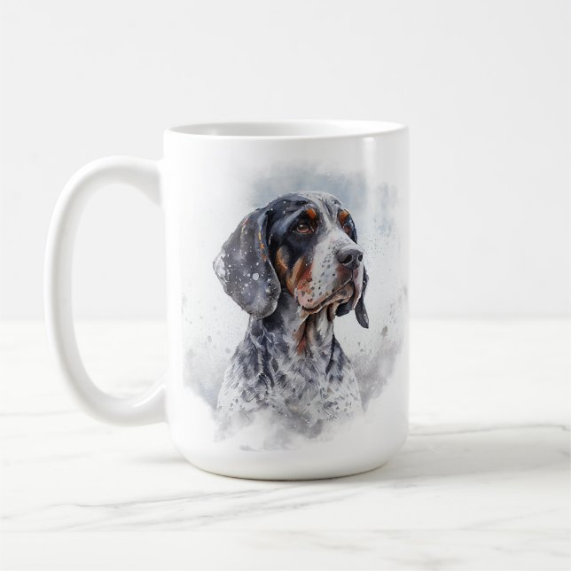 SNOWY WINTER BLUE TICK COONHOUND DOG FACE COFFEE MUG (Left)