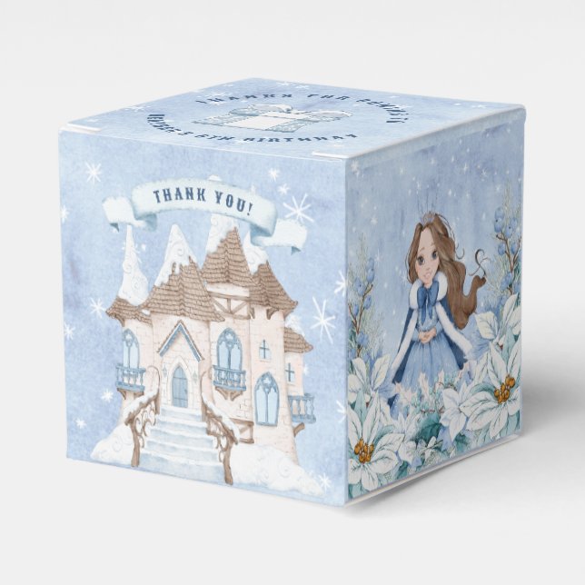 Snowy Winter Brunette Princess Birthday Favor Boxes (Front Side)