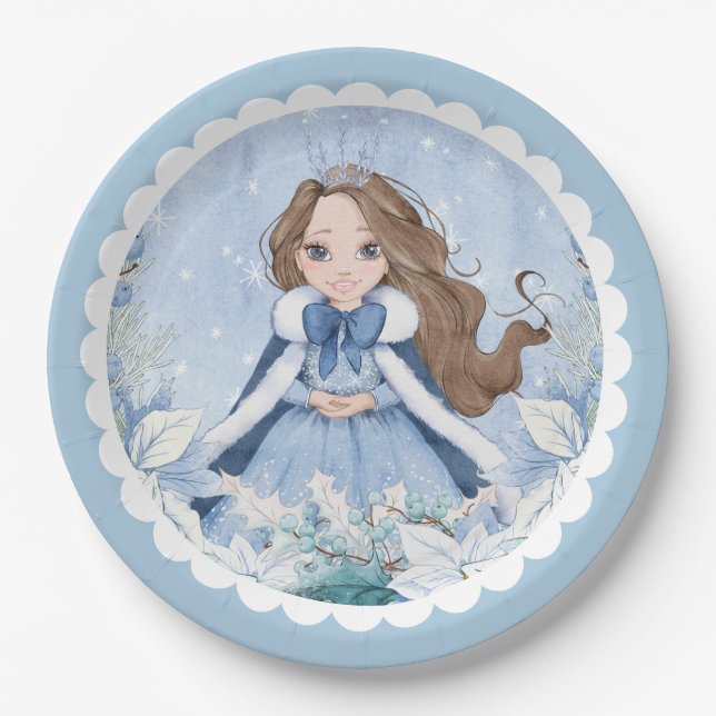 Snowy Winter Brunette Princess Birthday Paper Plates (Front)