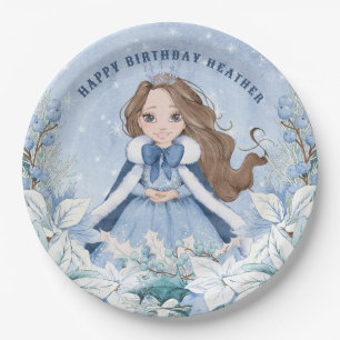 Snowy Winter Brunette Princess Birthday Paper Plates