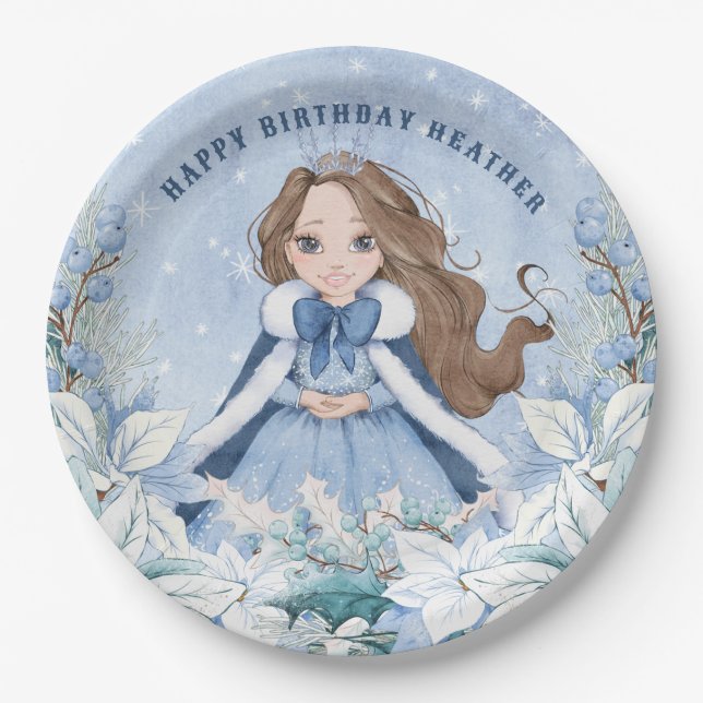 Snowy Winter Brunette Princess Birthday Paper Plates (Front)