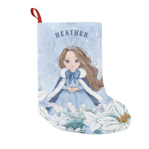 Snowy Winter Brunette Princess Small Christmas Stocking