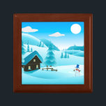 Snowy Winter Cabin and Cute Snowman Festive Gift Box<br><div class="desc">This charming, festive gift box features a snowy log cabin in the woods, a forest of fir trees, and a cute little snowman. In tones of blue and turquoise, the nostalgic design is just the dose of magic you need this winter season. Use as an elegant jewelry box, a keepsake...</div>