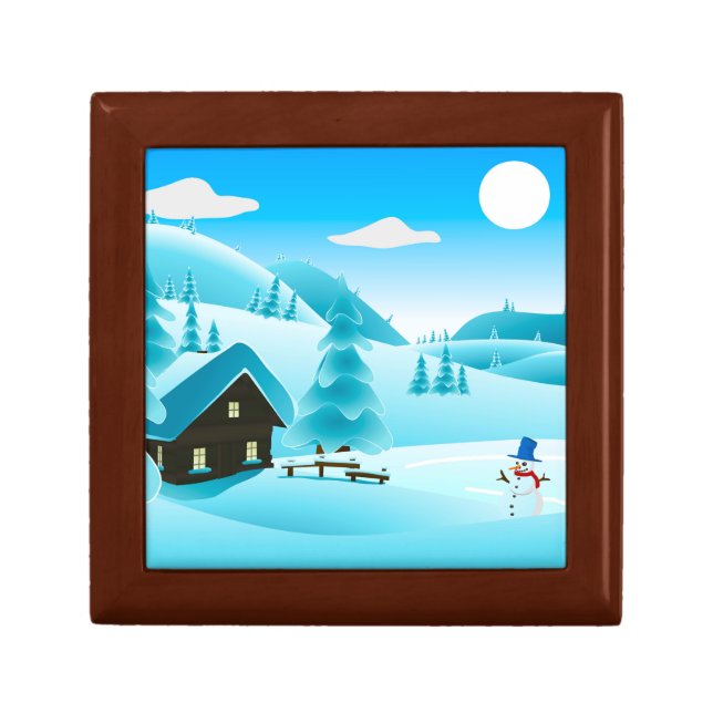 Snowy Winter Cabin and Cute Snowman Festive Gift Box (Front)