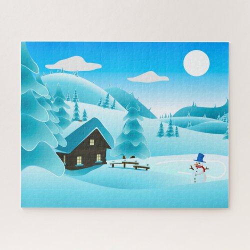 Snowy Winter Cabin and Cute Snowman Festive Jigsaw Puzzle