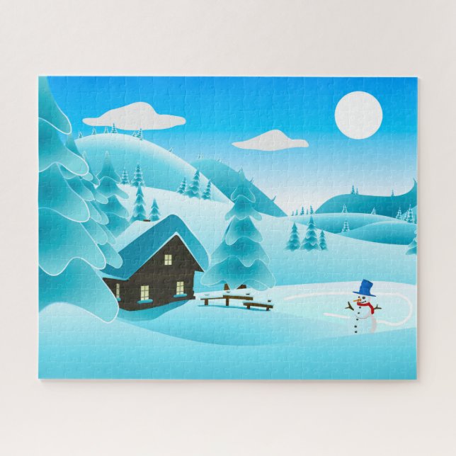 Snowy Winter Cabin and Cute Snowman Festive Jigsaw Puzzle (Horizontal)