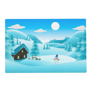 Snowy Winter Cabin and Cute Snowman Reversible Placemat