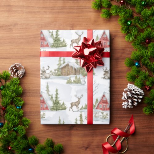 Snowy Winter Cabin  Woodland Animals Wrapping Paper