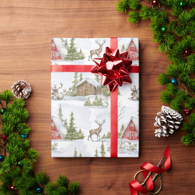 Snowy Winter Cabin | Woodland Animals Wrapping Paper (Holiday Gift)