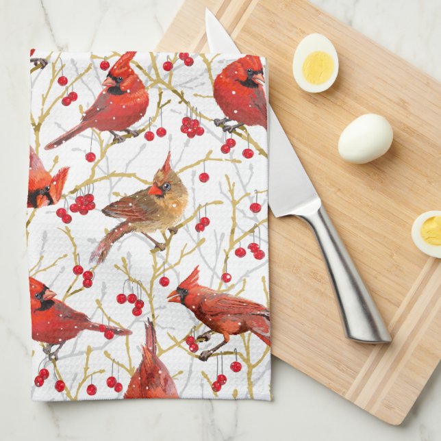 Snowy Winter Cardinals Winterberry Christmas  Kitchen Towel (Quarter Fold)