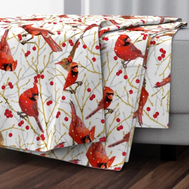 Snowy Winter Cardinals Winterberry Christmas | Wt Fleece Blanket (Creator Uploaded)