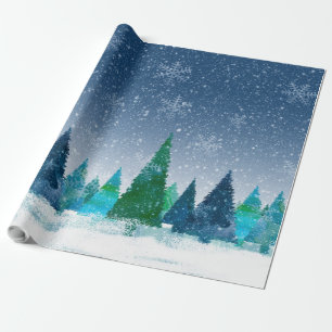 Snowy Winter Christmas Blue & Green Scene Wrapping Paper