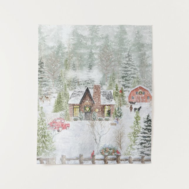 Snowy Winter Christmas Cabin Scene Tapestry (Front)