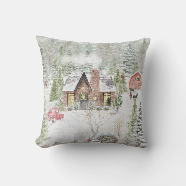 Snowy Winter Christmas Cabin Scene Throw Pillow (Front)