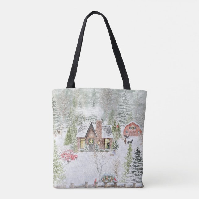 Snowy Winter Christmas Cabin Scene Tote Bag (Back)