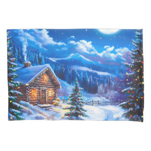 Snowy Winter Christmas Moon Night Cabin Pillow Case