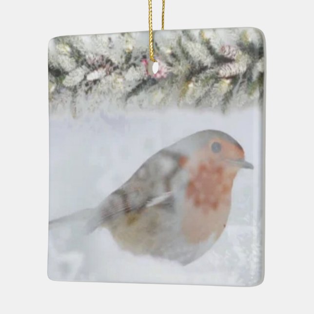 Snowy Winter Christmas Robin Bird  Ceramic Ornament (Left)