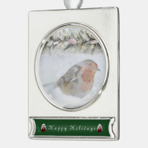 Snowy Winter Christmas Robin Bird  Silver Plated Banner Ornament