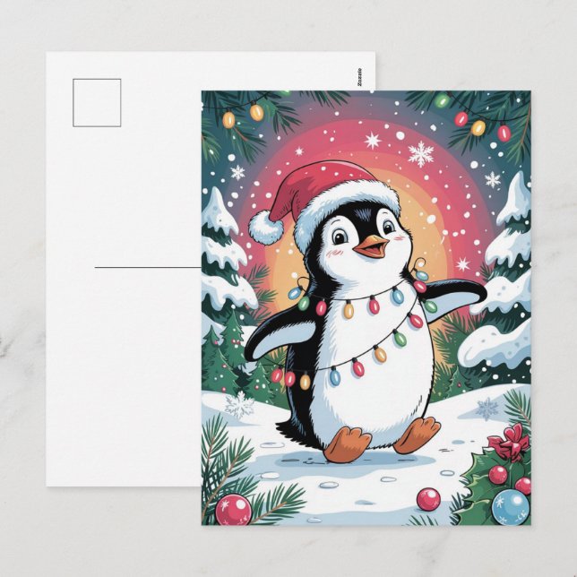 Snowy Winter Cute Penguin in Santa Hat Christmas   Holiday Postcard (Front/Back)