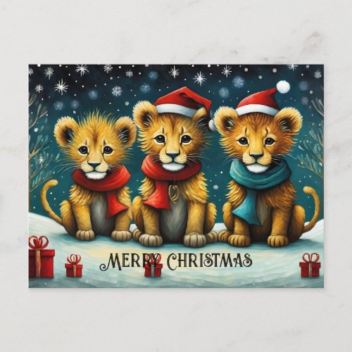Snowy Winter Cute Santa Baby Lions Christmas Postcard