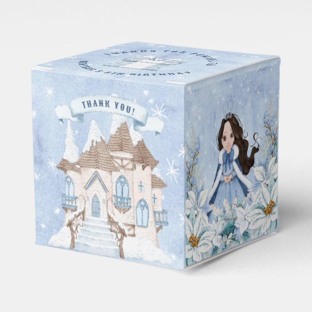 Snowy Winter Dark Haired Princess Birthday Favor Boxes (Front Side)