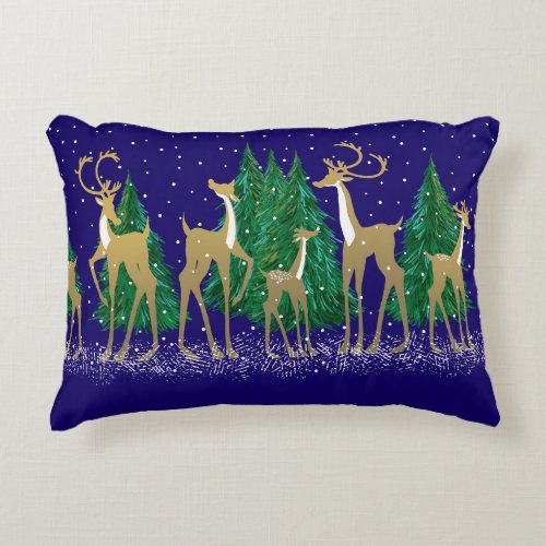 Snowy Winter Deer in Wooded Forest  Blue   Accent Pillow