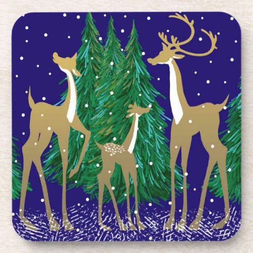 Snowy Winter Deer in Wooded Forest  Blue   Beverage Coaster