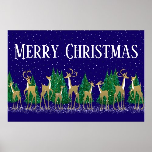 Snowy Winter Deer in Wooded Forest  Blue   Poster