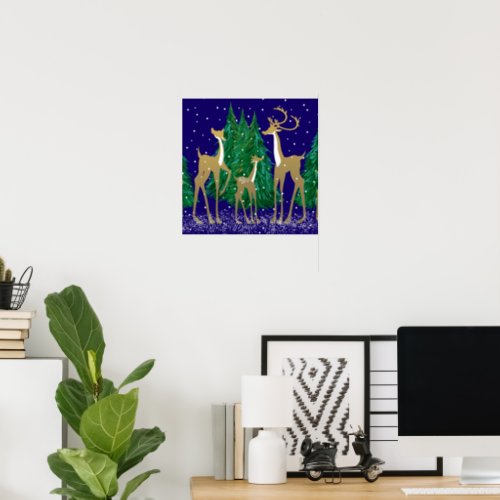 Snowy Winter Deer in Wooded Forest  Blue   Poster