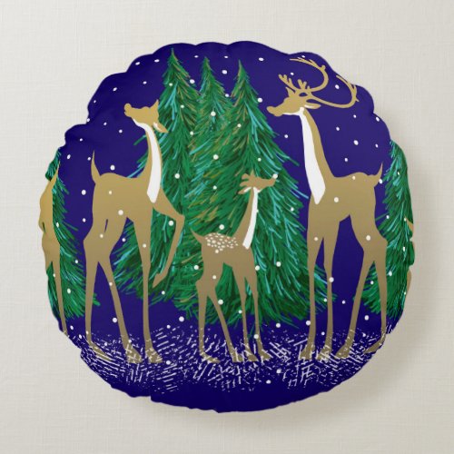 Snowy Winter Deer in Wooded Forest  Blue   Round Pillow