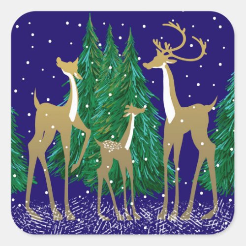 Snowy Winter Deer in Wooded Forest  Blue   Square Sticker
