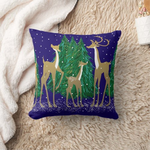Snowy Winter Deer in Wooded Forest  Blue   Throw Pillow