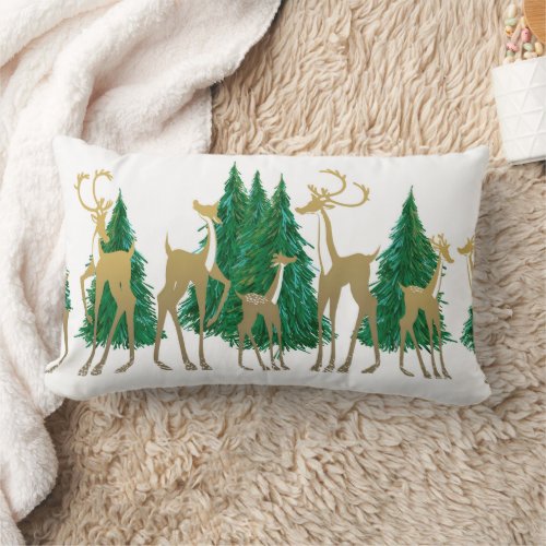 Snowy Winter Deer in Wooded Forest Lumbar Pillow